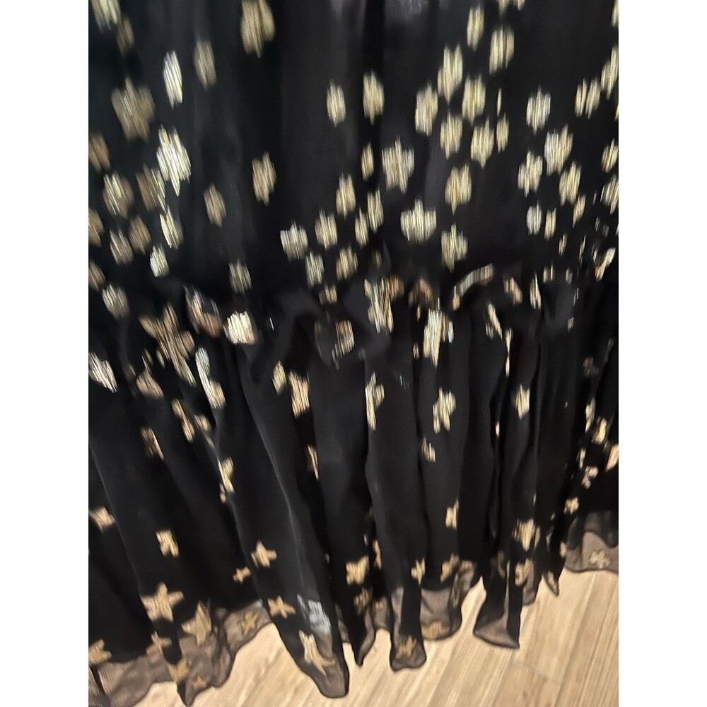 LoveShackFancy Black Silk Gold Metallic Star Maxi Off Shoulder Chiffon Dress 2 - Picture 5 of 16